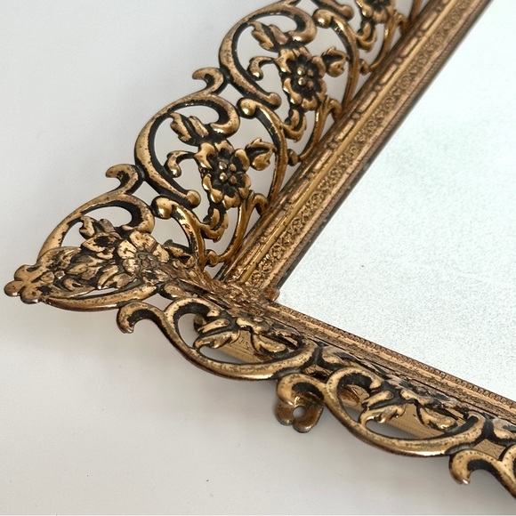 Vintage Gold Ornate Filigree Vanity Mirror Tray with Floral Border - Picture 6 of 15